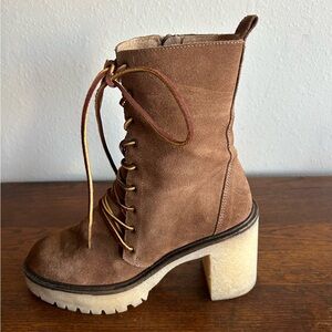 Free People Dylan Lace Up Boot 38 Women Brown Suede Lug 3.5" Combat Chunky Sz 8